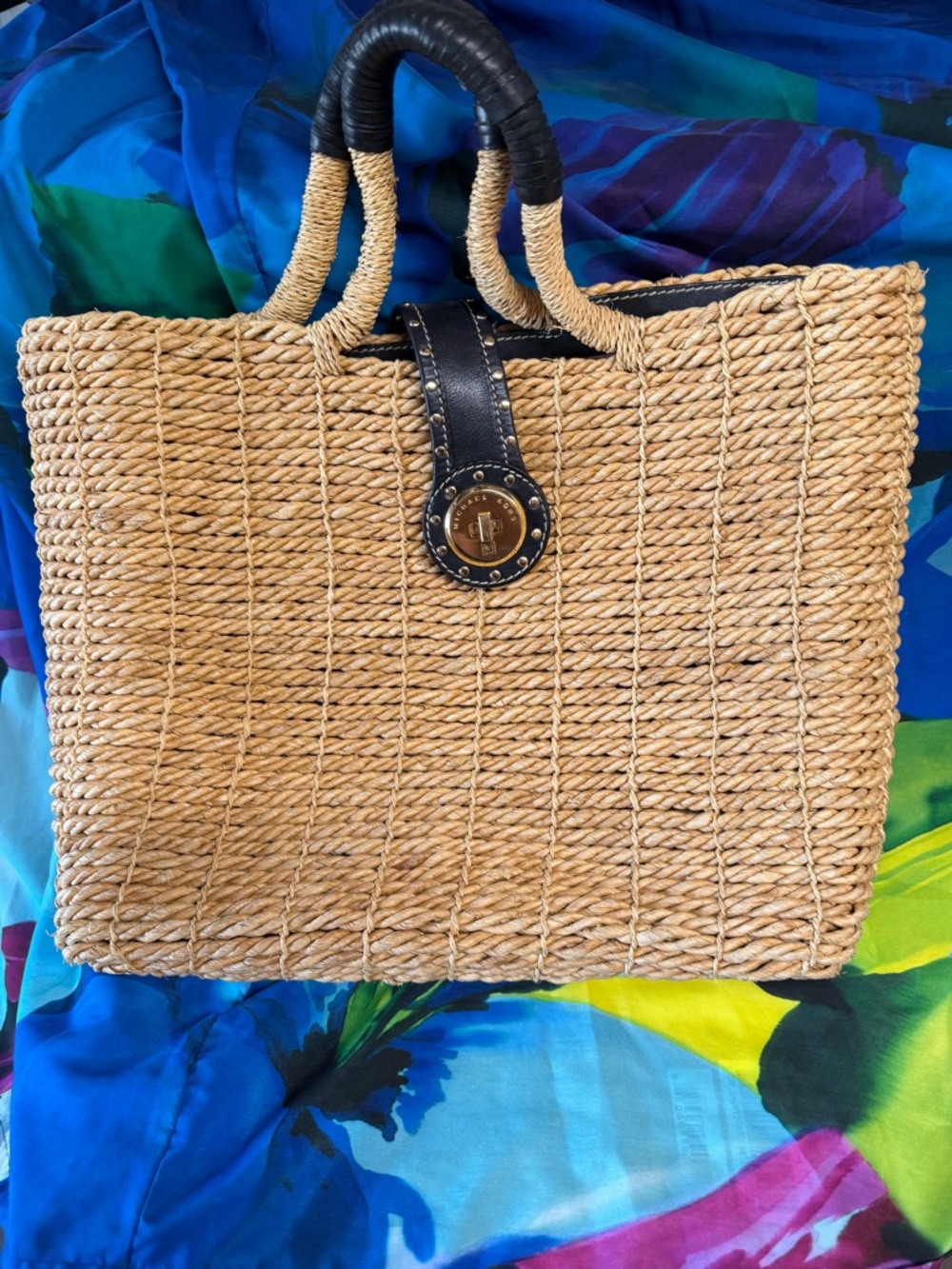 MICHAEL Michael Kors Natural Woven Tote with Black Leather Trim